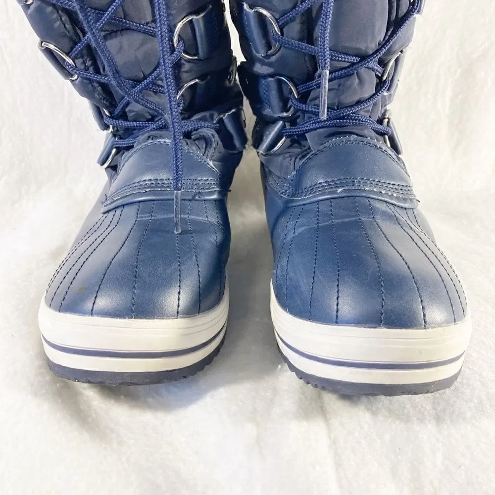 Polar Navy Nylon Tall Fur Lace Waterproof Snow Rainy Boots Sz 8